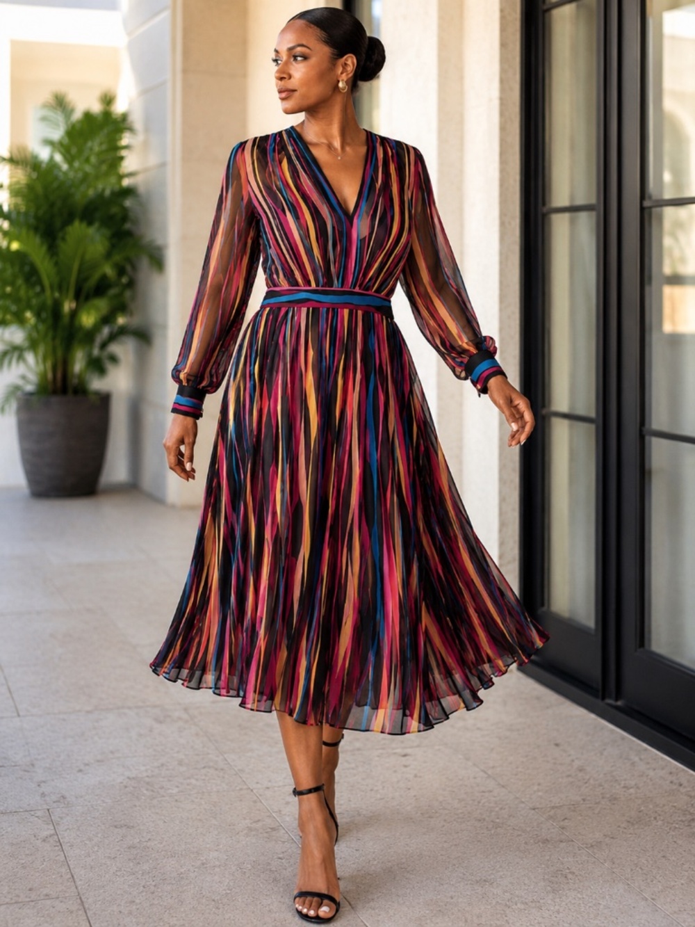 Anne Klein Multicolor Sheer Stripe Midi Dress Womens 16 Cocktail Party
